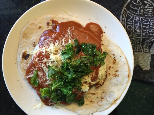 Huevos Rancheros with Red Chile Vouleté Sauce and Butter Sautéed Kale